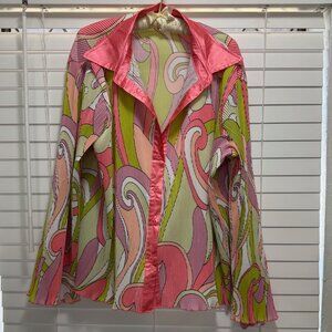 Women's vintage 60's pink, green, white long bell sleeve blouse; size M